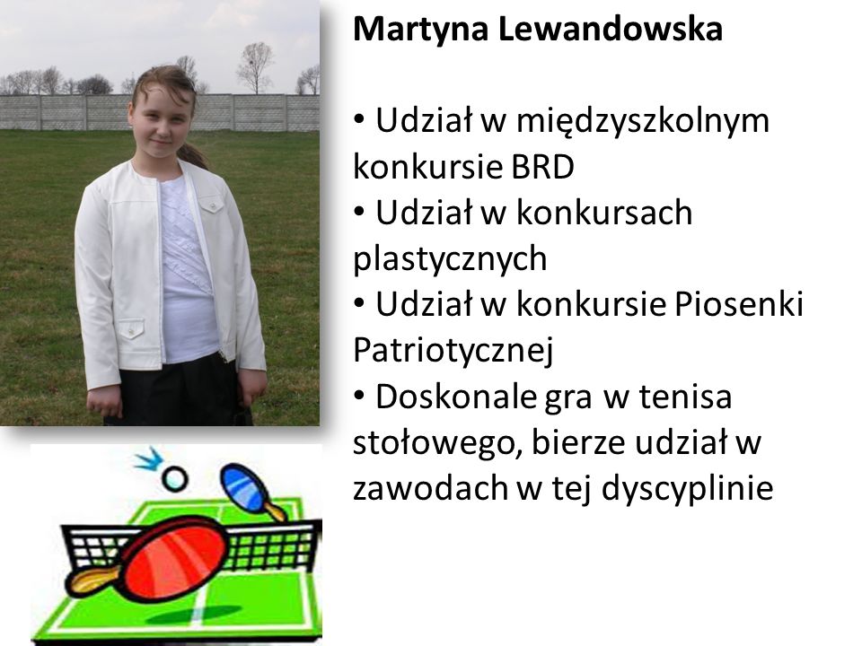 Martyna Lewandowska Udział w międzyszkolnym konkursie BRD. Udział w konkursach plastycznych. Udział w konkursie Piosenki Patriotycznej.