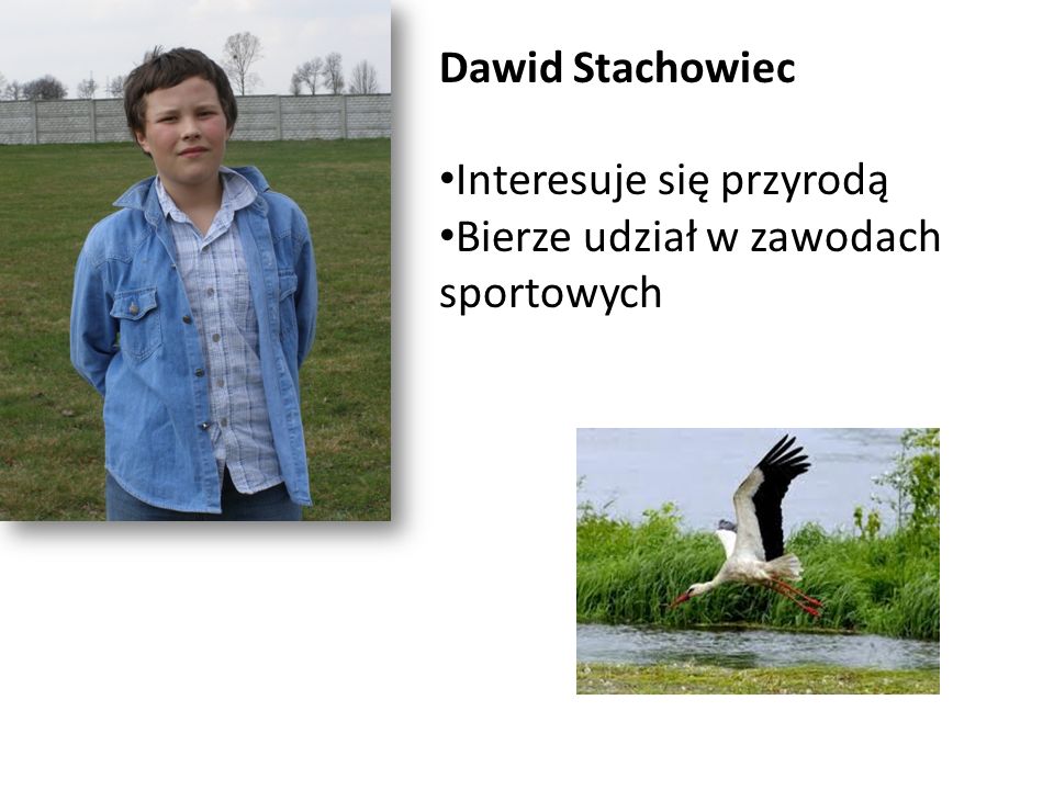 Dawid Stachowiec Interesuje się przyrodą Bierze udział w zawodach sportowych