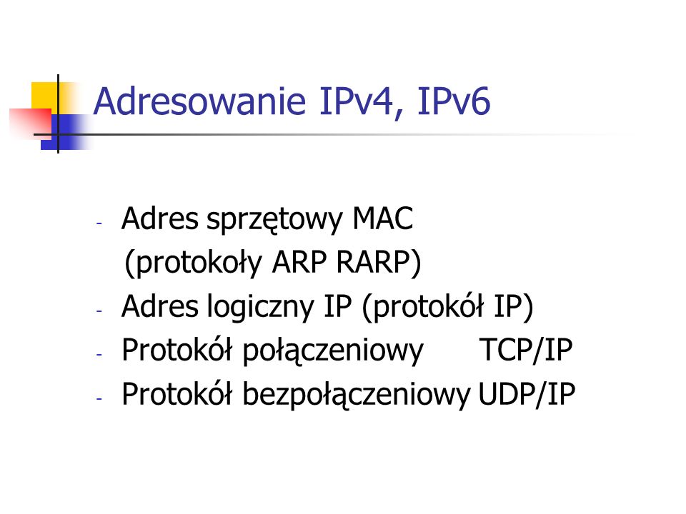Adresowanie IPv4, IPv6 Adres sprzętowy MAC (protokoły ARP RARP)