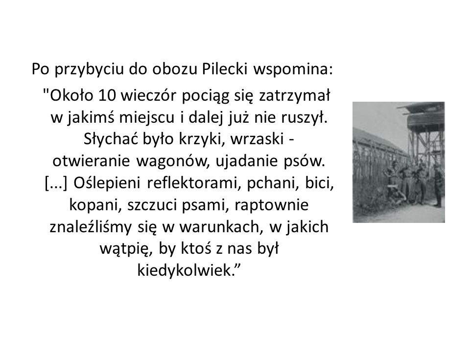 Po przybyciu do obozu Pilecki wspomina: Około 10 wieczór pociąg się zatrzymał w jakimś miejscu i dalej już nie ruszył.