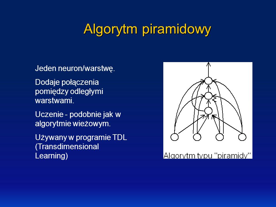 Algorytm piramidowy Jeden neuron/warstwę.