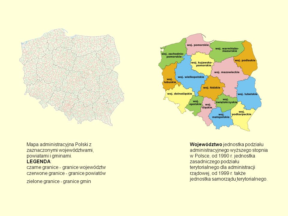 Mapa administracyjna Polski z zaznaczonymi województwami, powiatami i gminami. LEGENDA: czarne granice - granice województw czerwone granice - granice powiatów zielone granice - granice gmin