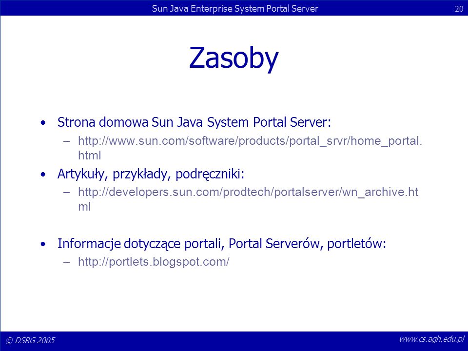 Zasoby Strona domowa Sun Java System Portal Server:
