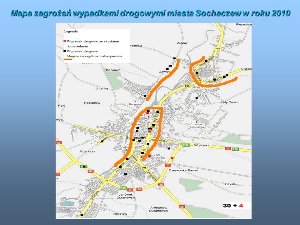 Mapa zagrożeń wypadkami drogowymi miasta Sochaczew w roku 2010