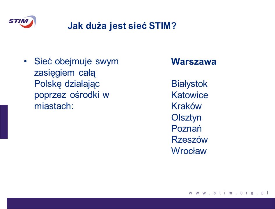 Jak duża jest sieć STIM Warszawa. Białystok. Katowice. Kraków. Olsztyn. Poznań. Rzeszów. Wrocław.