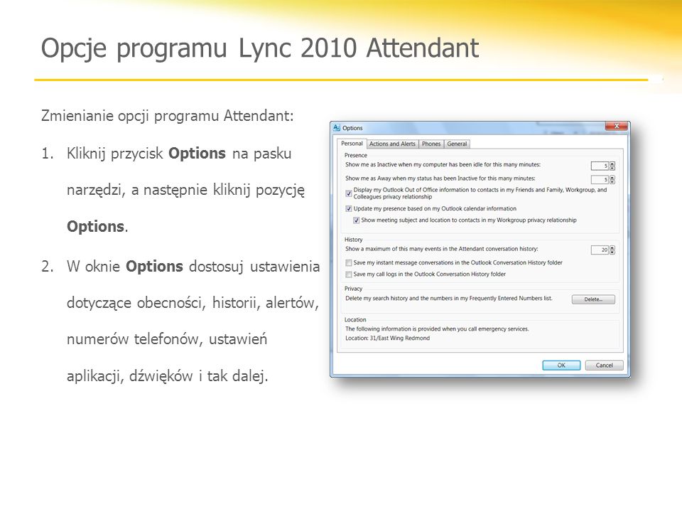 Opcje programu Lync 2010 Attendant