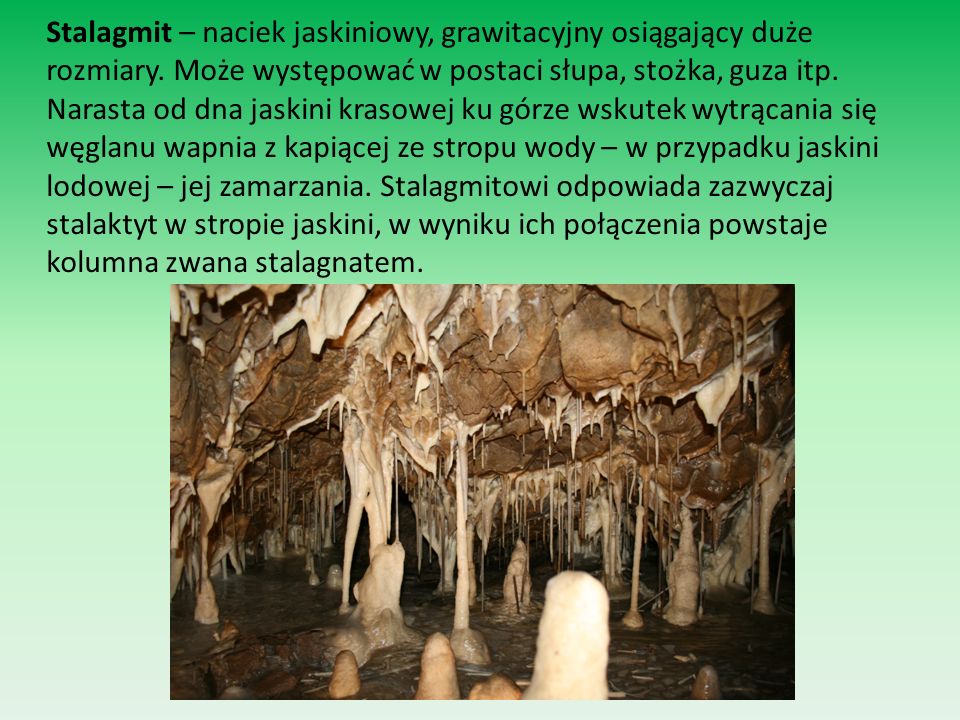 Stalagmit – naciek jaskiniowy, grawitacyjny osiągający duże rozmiary