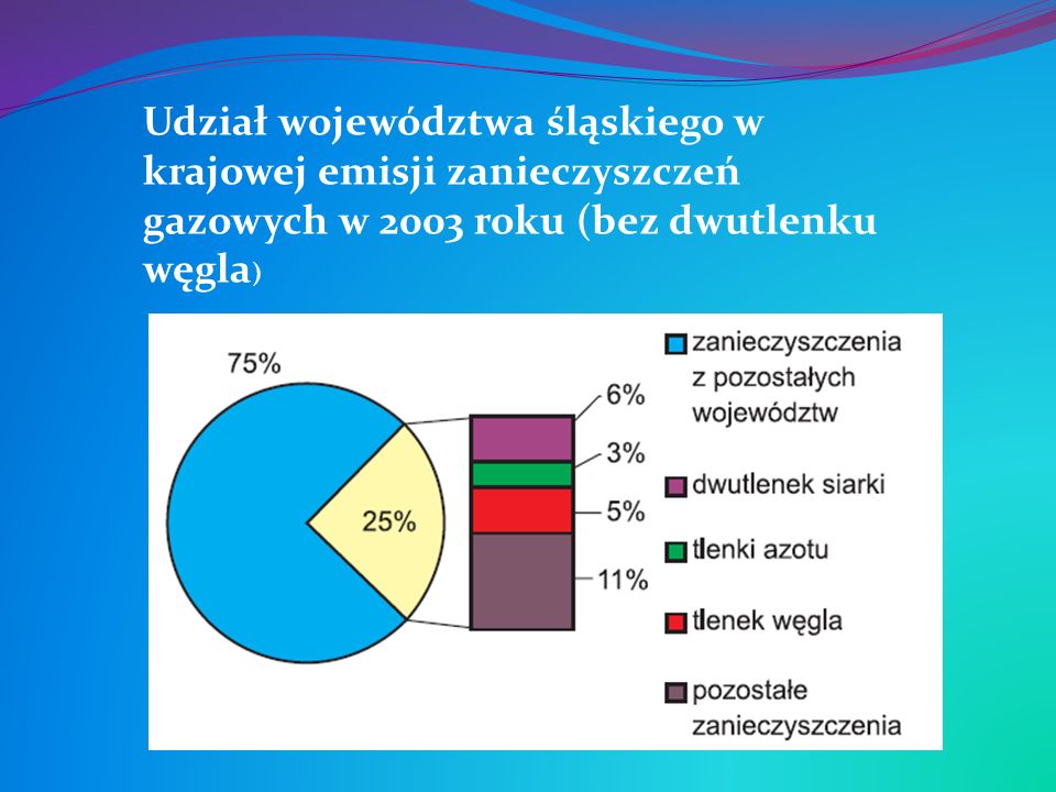 Udział województwa śląskiego w krajowej emisji zanieczyszczeń gazowych w 2003 roku (bez dwutlenku węgla)