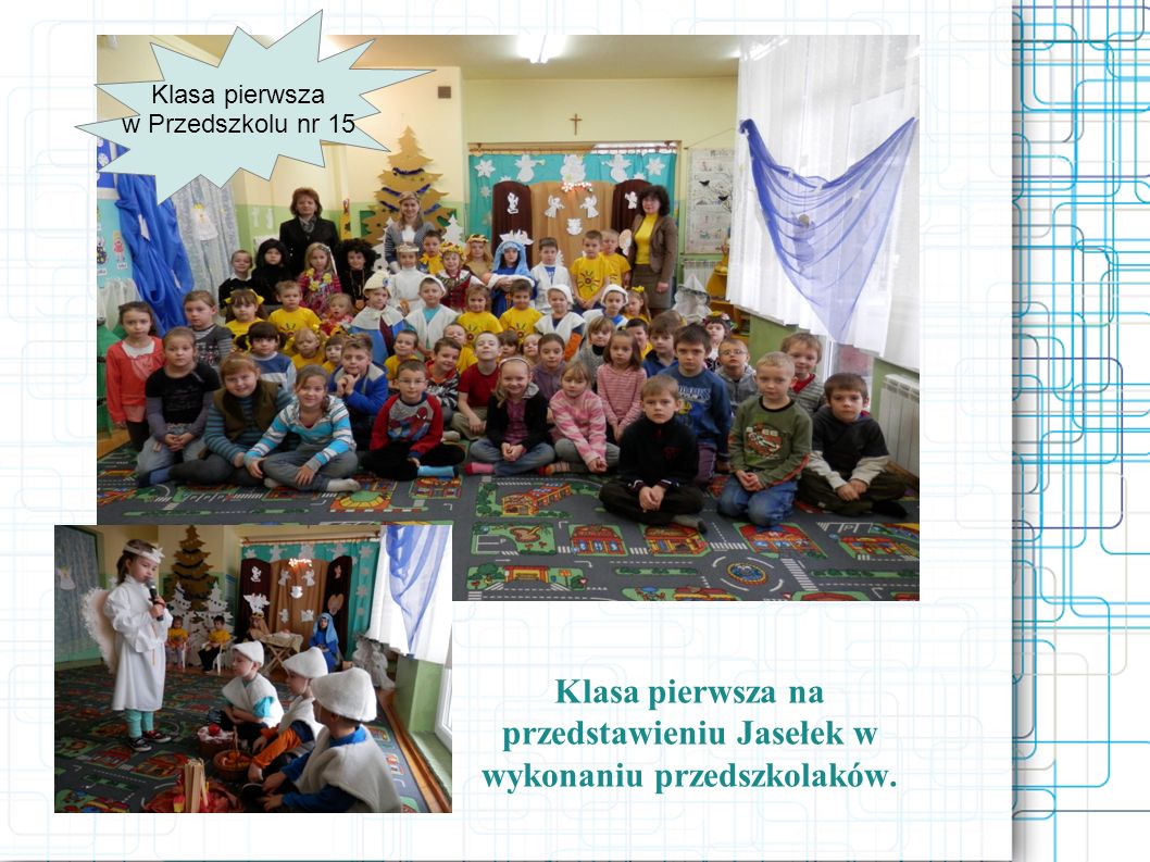 Klasa pierwsza na przedstawieniu Jasełek w wykonaniu przedszkolaków.
