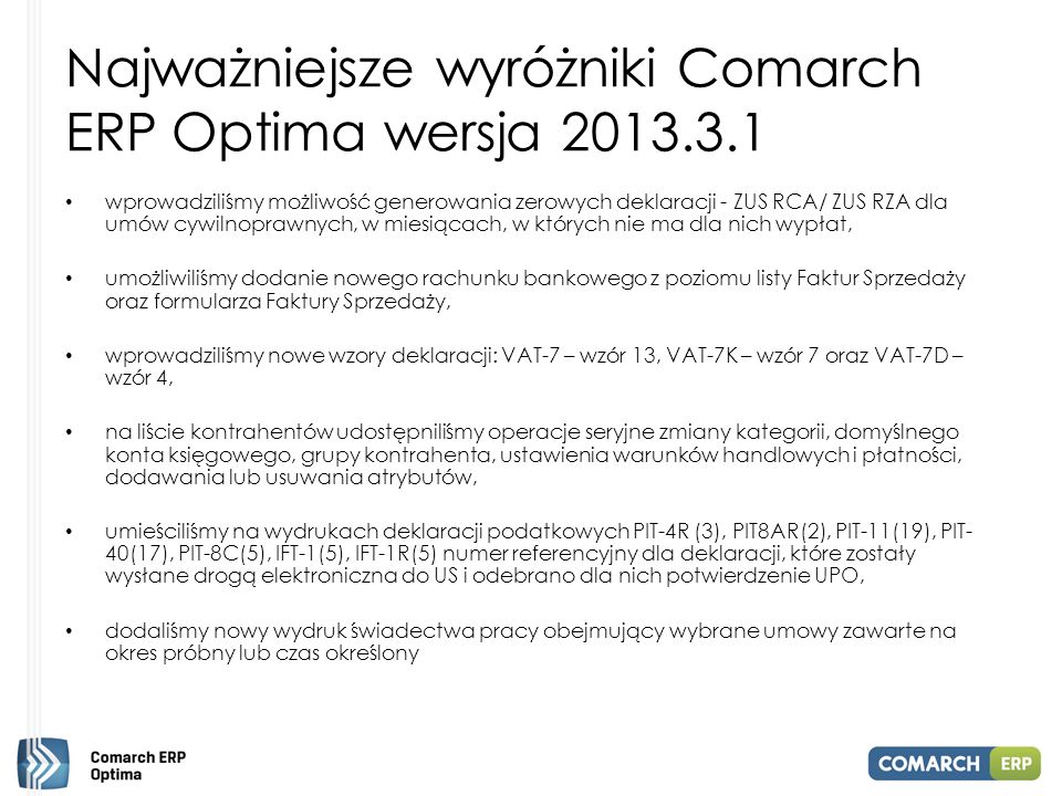 Najważniejsze wyróżniki Comarch ERP Optima wersja