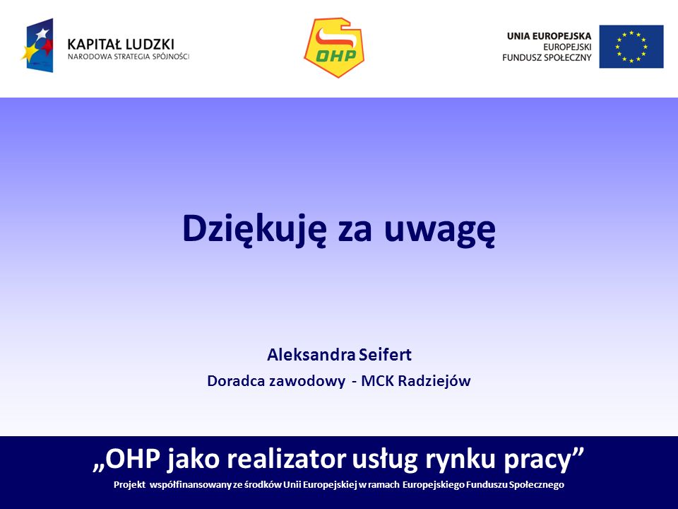 Dziękuję za uwagę „OHP jako realizator usług rynku pracy