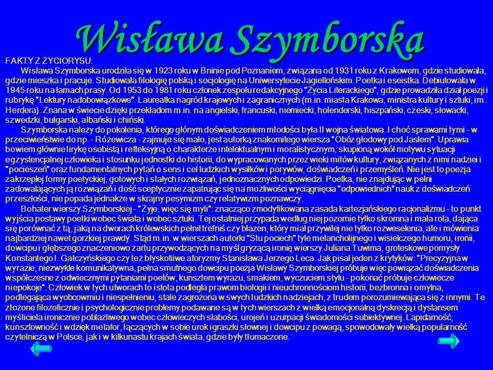 Wisława Szymborska FAKTY Z ŻYCIORYSU: