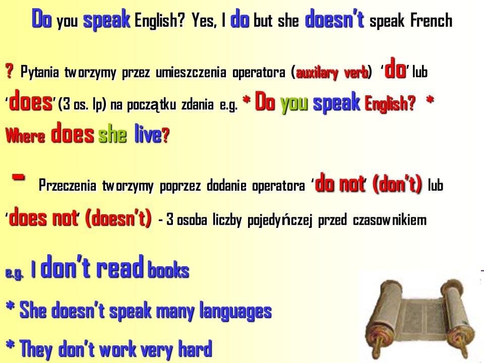 Do you speak English Yes, I do but she doesn’t speak French