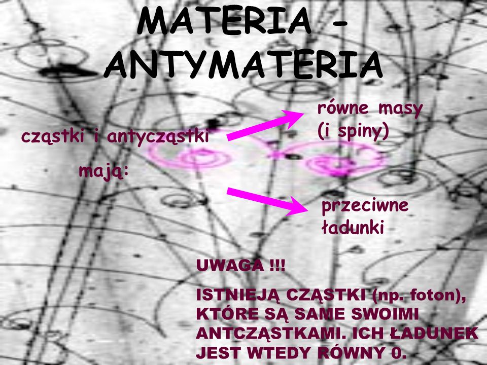 MATERIA - ANTYMATERIA równe masy (i spiny) cząstki i antycząstki mają: