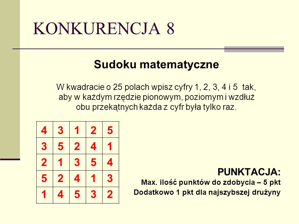 KONKURENCJA 8 Sudoku matematyczne PUNKTACJA: