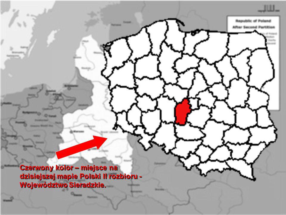Czerwony kolor – miejsce na dzisiejszej mapie Polski II rozbioru - Województwo Sieradzkie.
