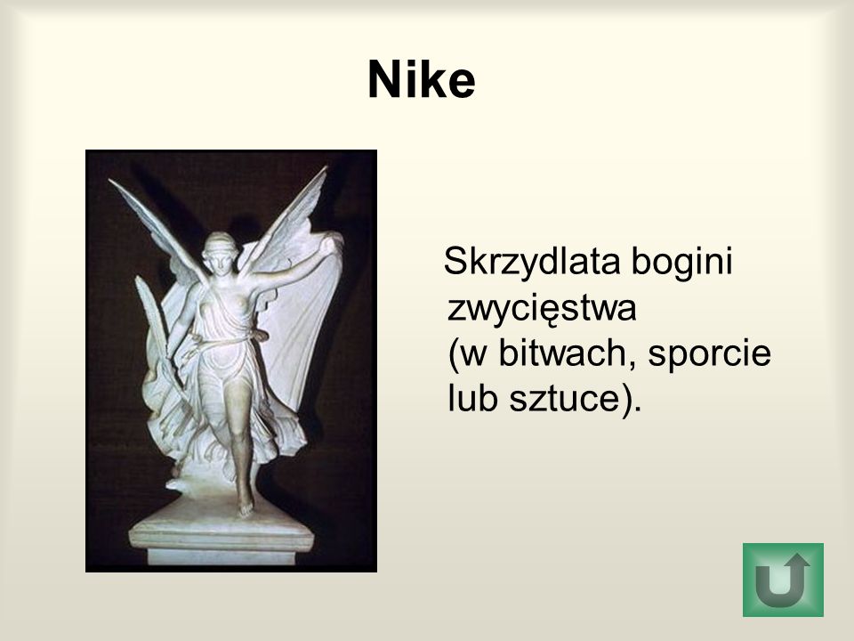 Nike Skrzydlata bogini zwycięstwa (w bitwach, sporcie lub sztuce).