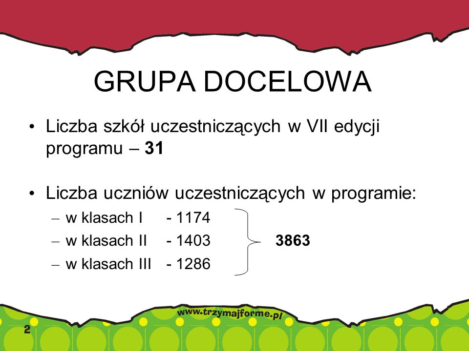 GRUPA DOCELOWA Liczba szkół uczestniczących w VII edycji programu – 31