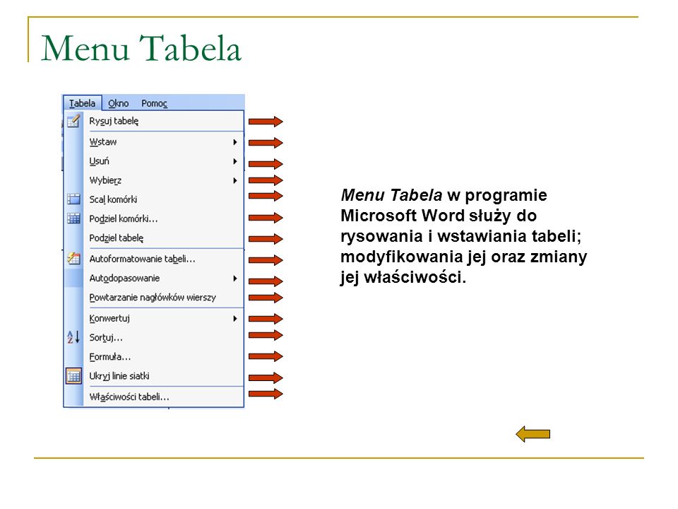 Menu Tabela Menu Tabela w programie Microsoft Word służy do rysowania i wstawiania tabeli; modyfikowania jej oraz zmiany jej właściwości.