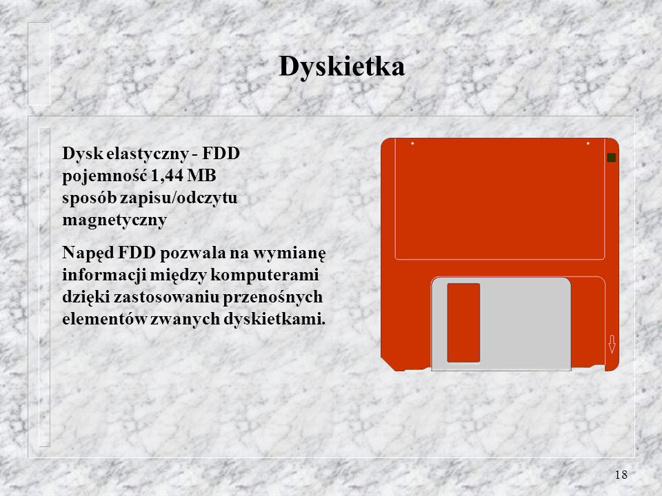 Dyskietka Dysk elastyczny - FDD pojemność 1,44 MB sposób zapisu/odczytu magnetyczny.