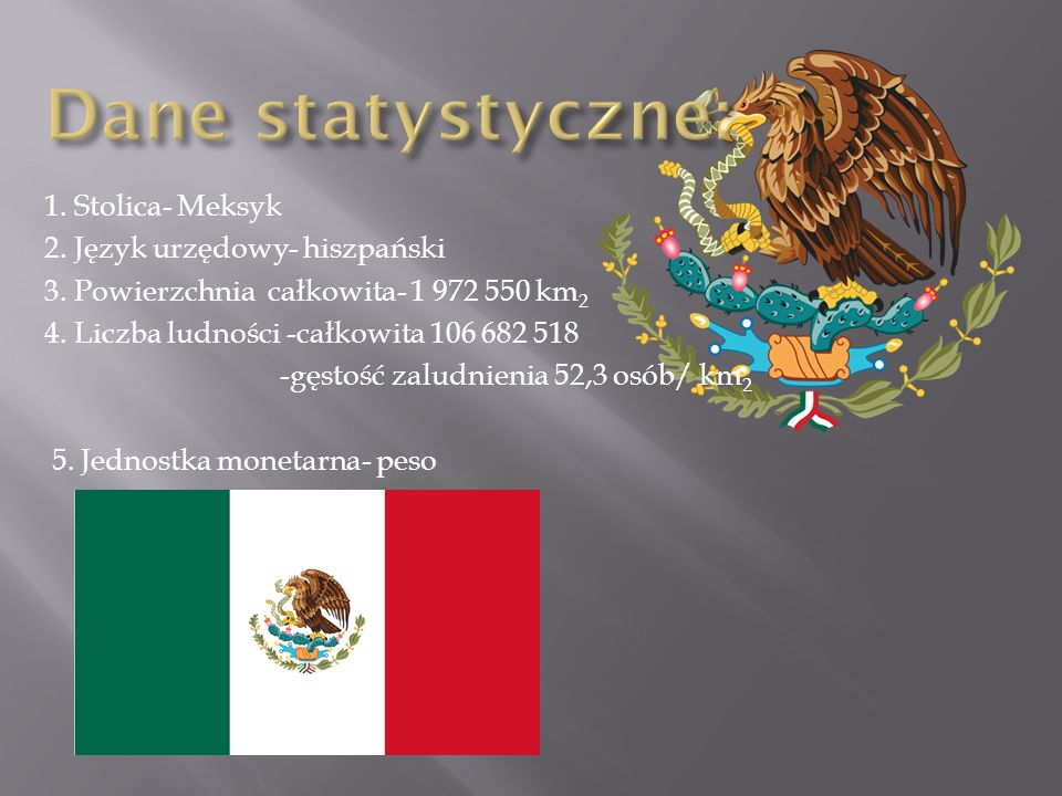 Dane statystyczne: 1. Stolica- Meksyk 2. Język urzędowy- hiszpański