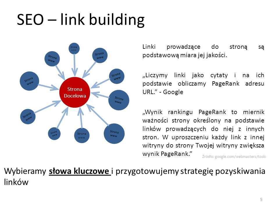 SEO – link building Strona www. Linki prowadzące do stroną są podstawową miara jej jakości.