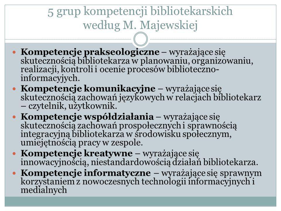 5 grup kompetencji bibliotekarskich według M. Majewskiej