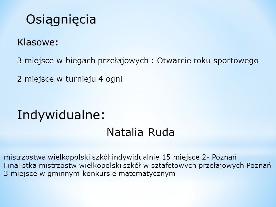 Osiągnięcia Indywidualne: Natalia Ruda Klasowe: