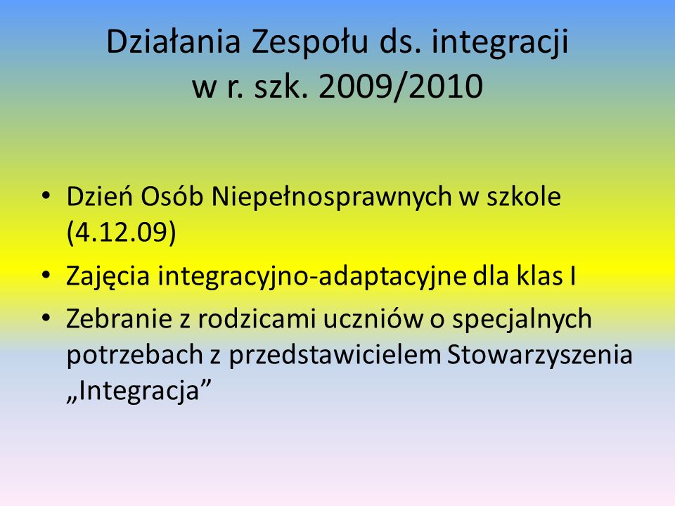 Działania Zespołu ds. integracji w r. szk. 2009/2010