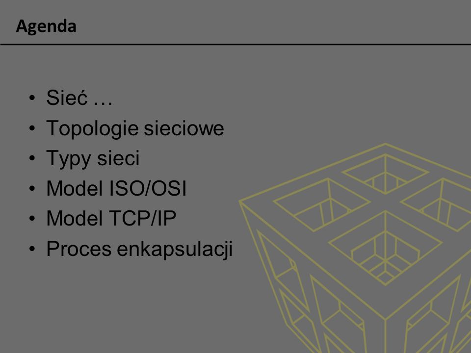 Sieć … Topologie sieciowe Typy sieci Model ISO/OSI Model TCP/IP