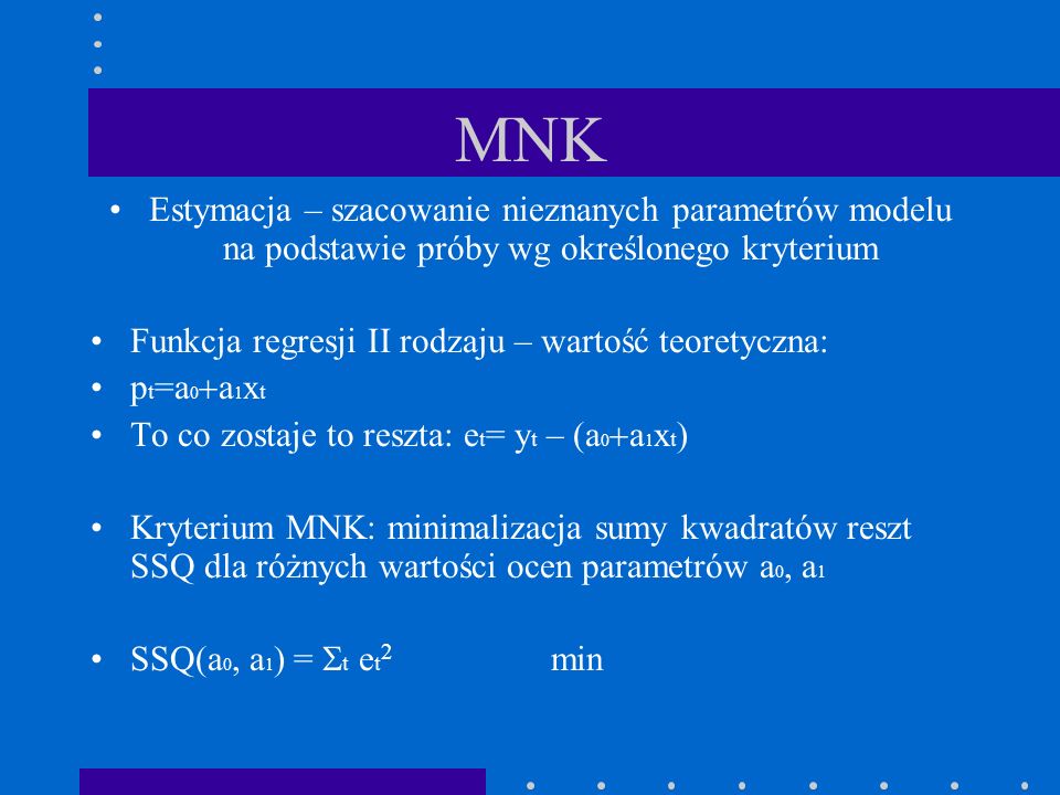MNK Estymacja – szacowanie nieznanych parametrów modelu na podstawie próby wg określonego kryterium.