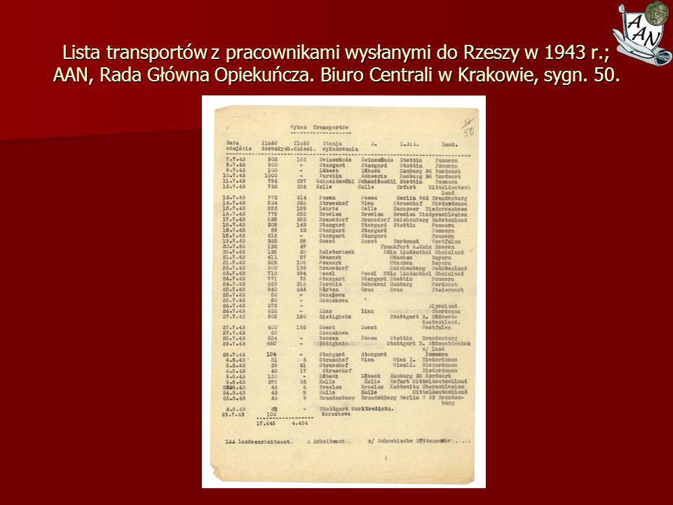 Lista transportów z pracownikami wysłanymi do Rzeszy w 1943 r