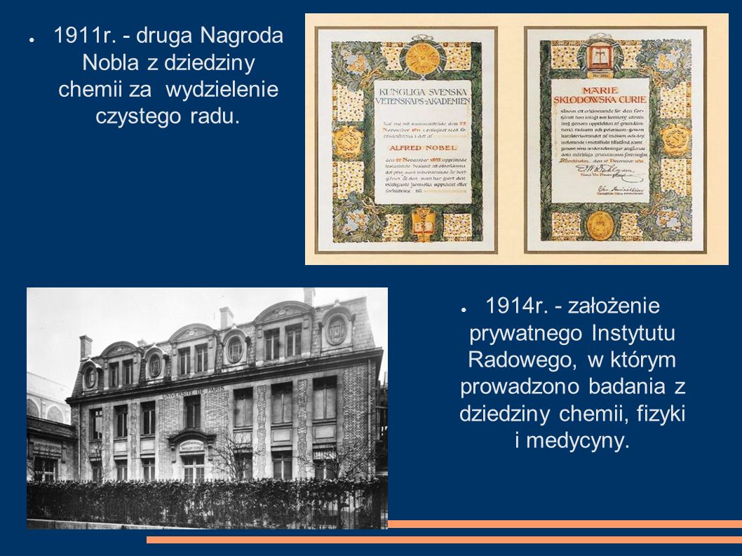 1911r. - druga Nagroda Nobla z dziedziny chemii za wydzielenie czystego radu.