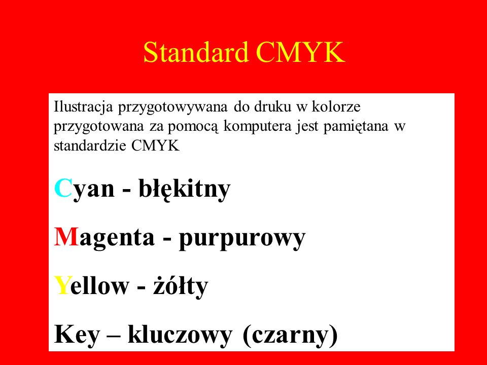 Standard CMYK Cyan - błękitny Magenta - purpurowy Yellow - żółty