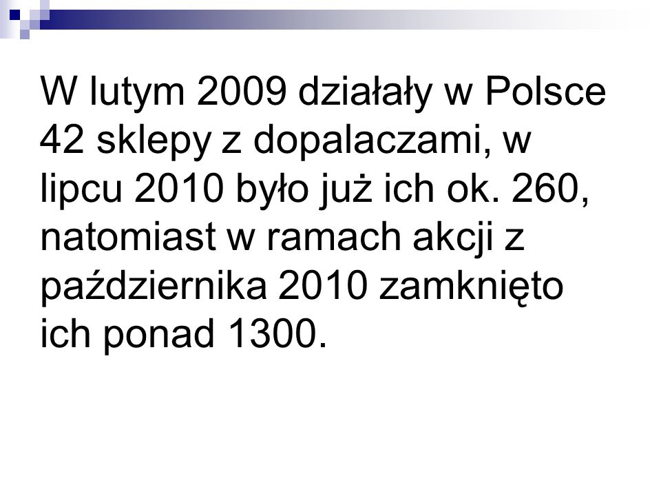 W lutym 2009 działały w Polsce 42 sklepy z dopalaczami, w lipcu 2010 było już ich ok.