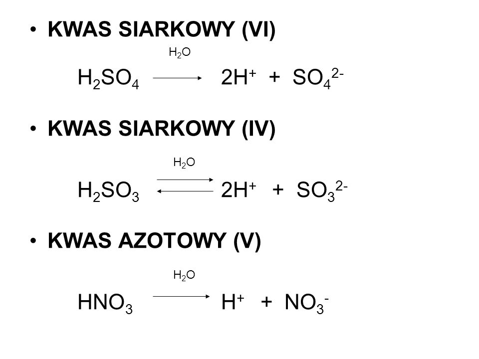 KWAS SIARKOWY (VI) H2SO4 2H+ + SO42- KWAS SIARKOWY (IV)