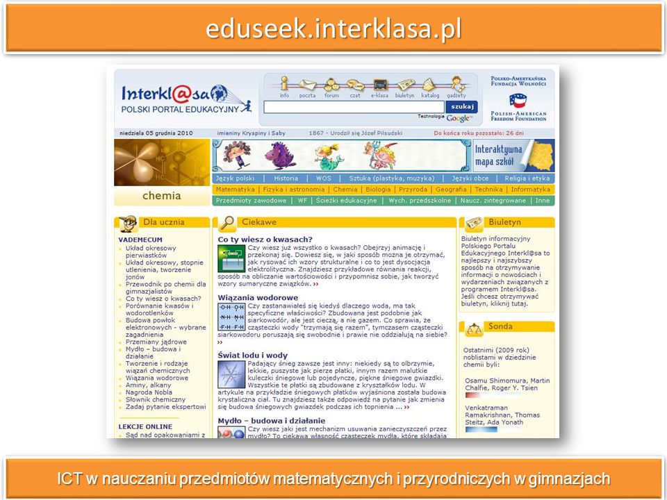 eduseek.interklasa.pl ICT w nauczaniu przedmiotów matematycznych i przyrodniczych w gimnazjach