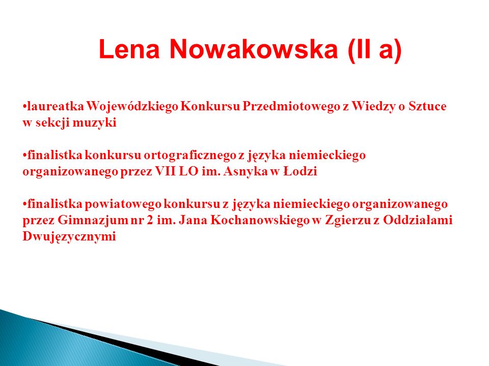 Lena Nowakowska (II a) laureatka Wojewódzkiego Konkursu Przedmiotowego z Wiedzy o Sztuce w sekcji muzyki.