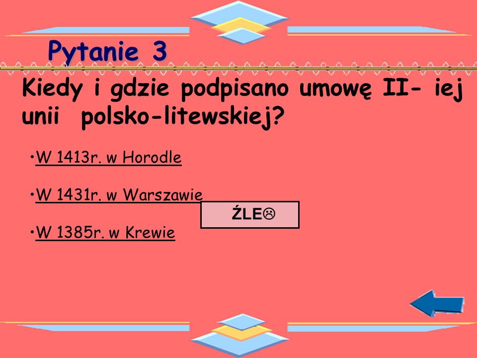 Pytanie 3 Kiedy i gdzie podpisano umowę II- iej unii polsko-litewskiej W 1413r. w Horodle. W 1431r. w Warszawie.
