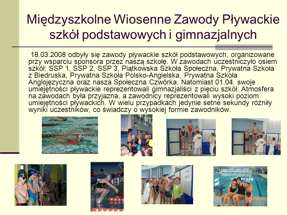 Międzyszkolne Wiosenne Zawody Pływackie szkół podstawowych i gimnazjalnych