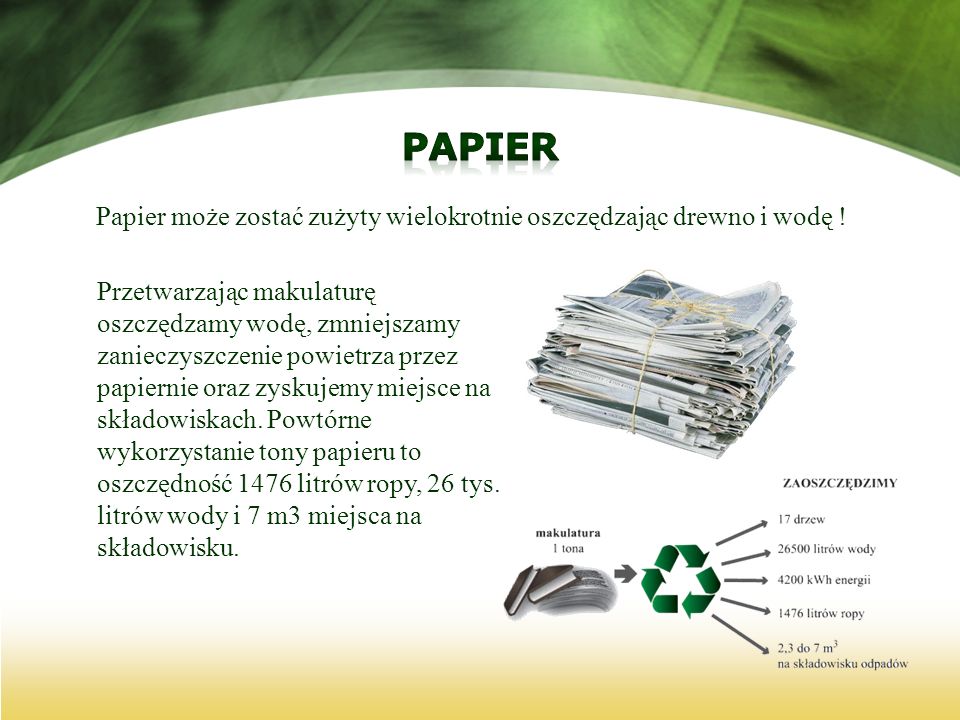 Papier może zostać zużyty wielokrotnie oszczędzając drewno i wodę !