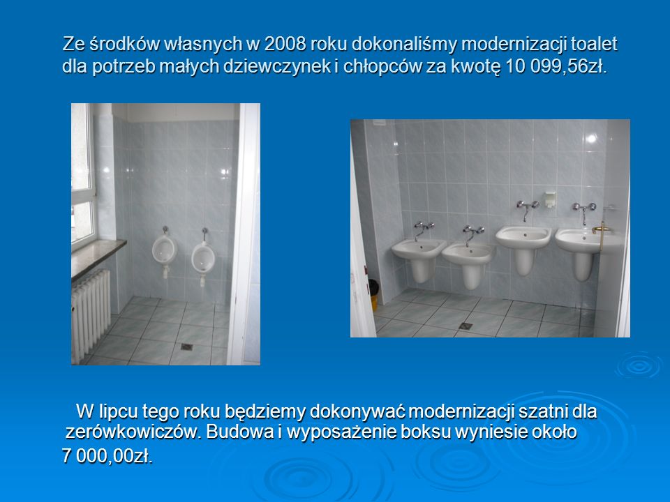 Ze środków własnych w 2008 roku dokonaliśmy modernizacji toalet dla potrzeb małych dziewczynek i chłopców za kwotę ,56zł.