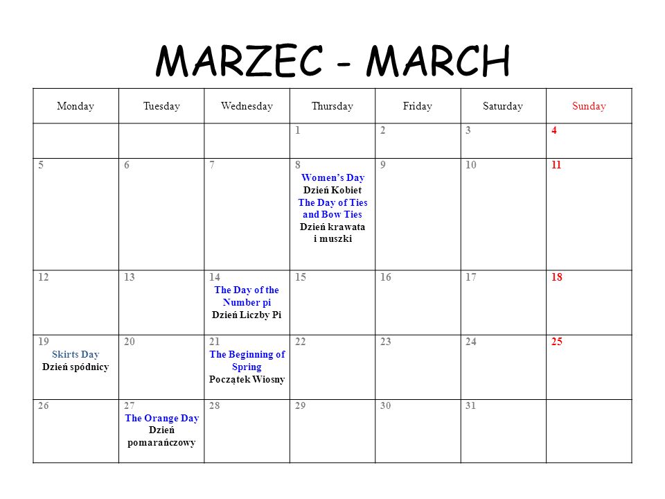 MARZEC - MARCH Monday Tuesday Wednesday Thursday Friday Saturday