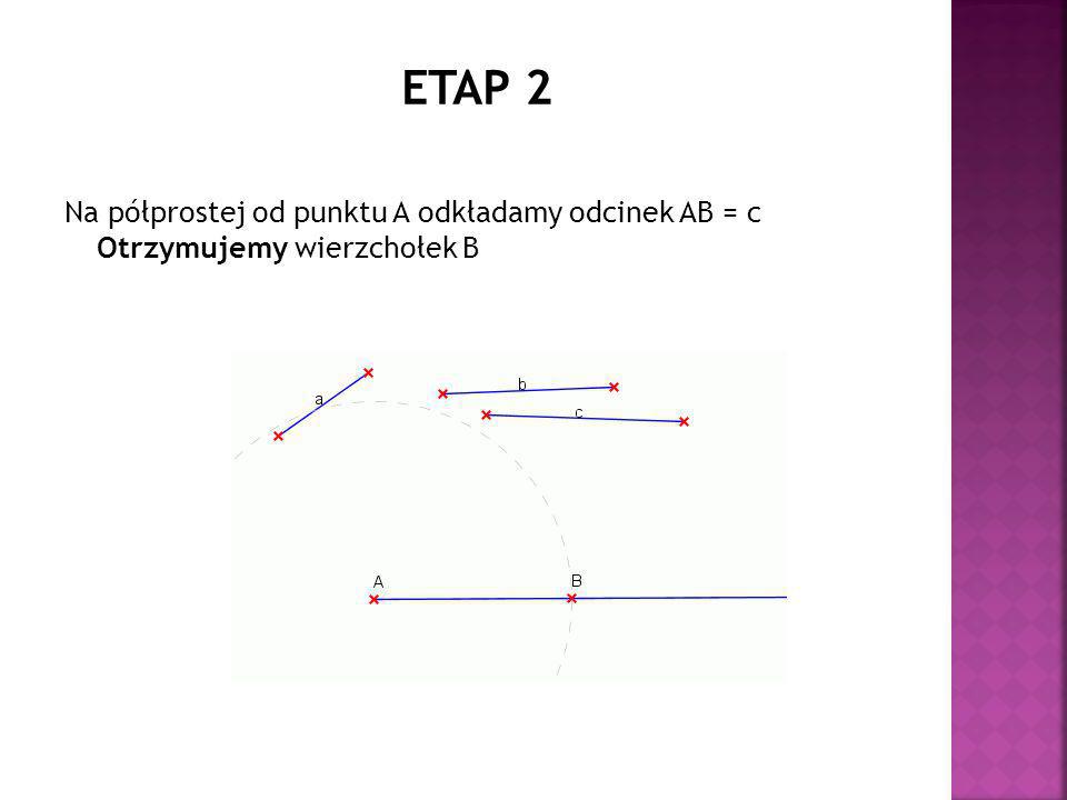 ETAP 2 Na półprostej od punktu A odkładamy odcinek AB = c Otrzymujemy wierzchołek B