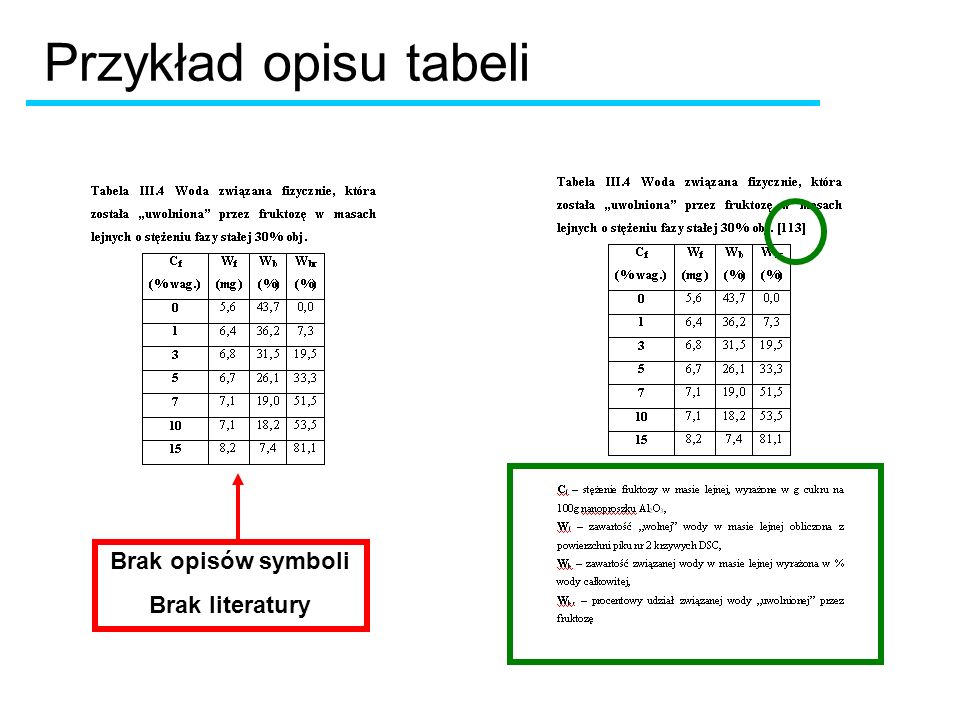 Przykład opisu tabeli Brak opisów symboli Brak literatury