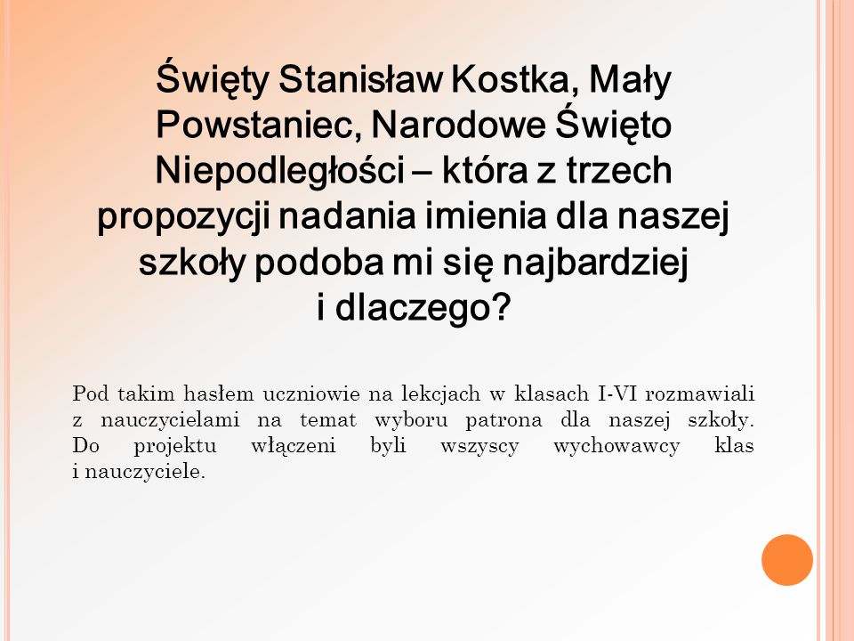 Święty Stanisław Kostka, Mały Powstaniec, Narodowe Święto Niepodległości – która z trzech propozycji nadania imienia dla naszej szkoły podoba mi się najbardziej i dlaczego