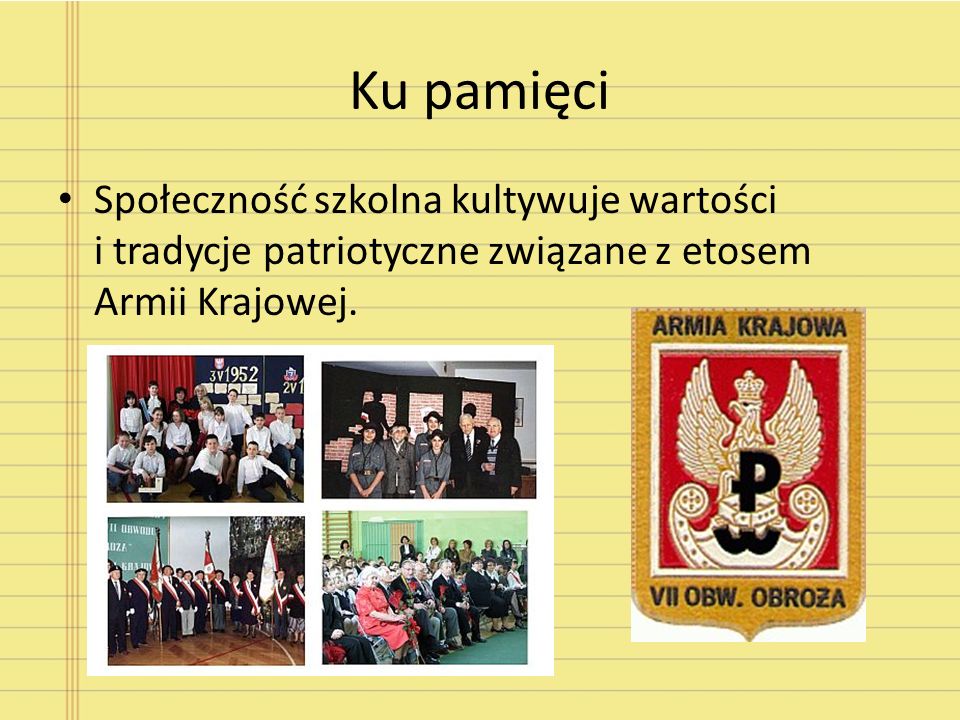 Ku pamięci Społeczność szkolna kultywuje wartości i tradycje patriotyczne związane z etosem Armii Krajowej.