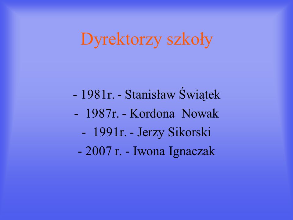Dyrektorzy szkoły r. - Stanisław Świątek 1987r. - Kordona Nowak