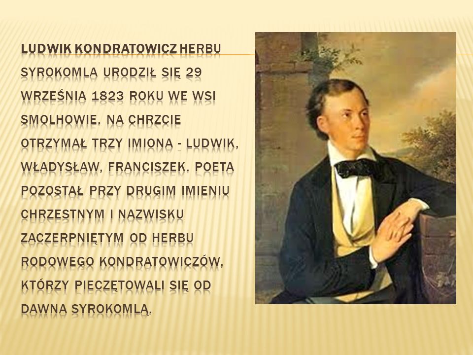 Ludwik Kondratowicz herbu Syrokomla urodził się 29 września 1823 roku we wsi Smolhowie.