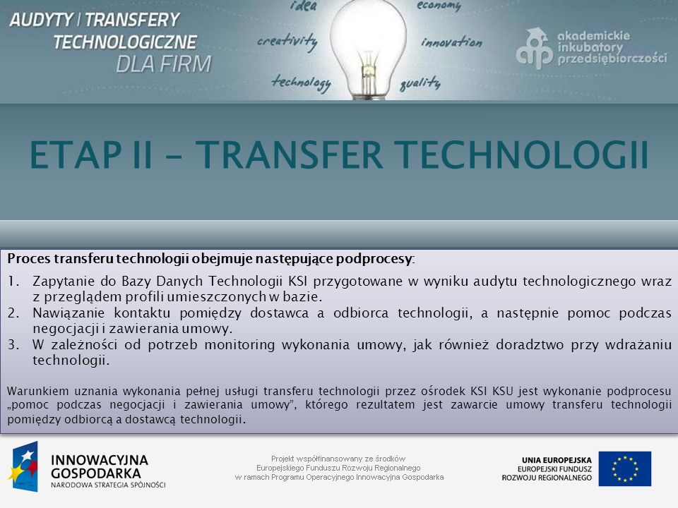ETAP II – TRANSFER TECHNOLOGII